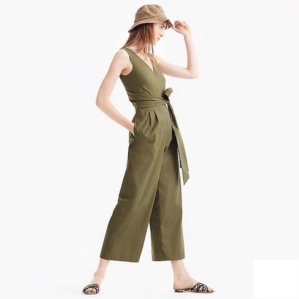 J Crew Wrap-Tie Jumpsuit Stretch Poplin in Olive Green